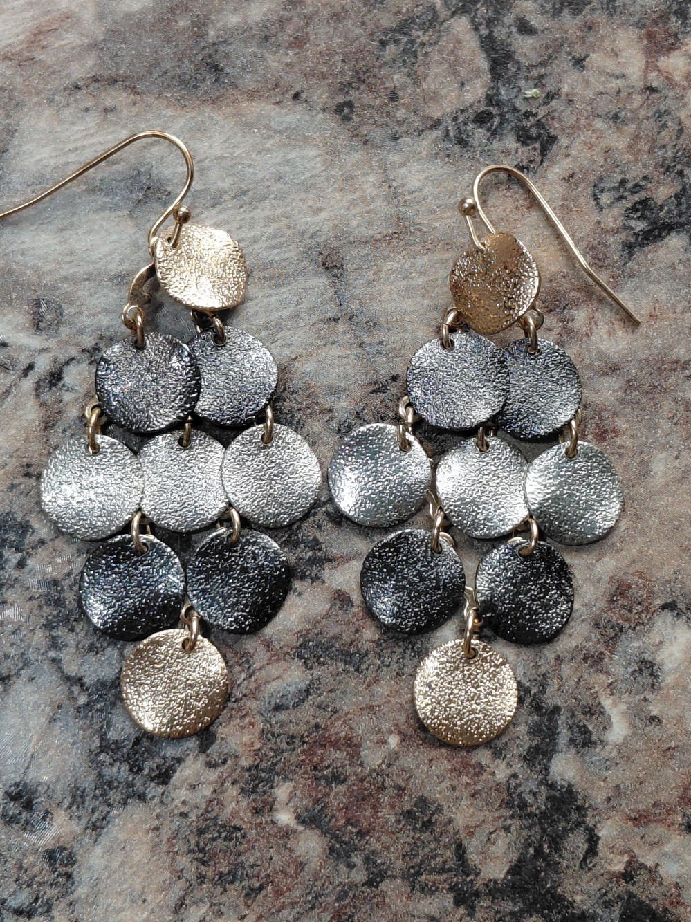 Tri Color Metal Textured Disc Layered Chandelier Vintage Dangle Earrings